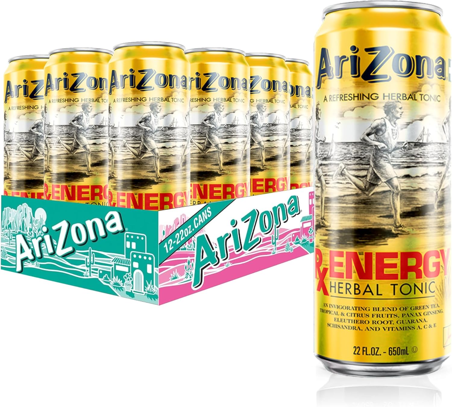 AriZona Rx Energy, Herbal Tonic with Green Tea and Citrus, 132mg Caffeine per Container - Big Can, 22 Fl Oz (Pack of 12)