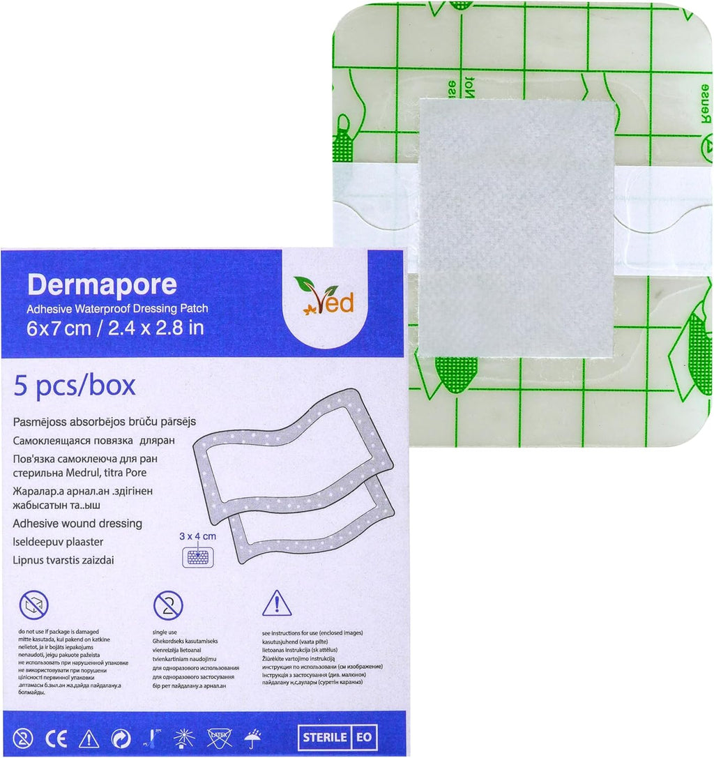 VED Dermapore Waterproof Adhesive Wound Dressing- Suitable for cuts and grazes, Diabetic Leg ulcers, venous Leg ulcers, Small Pressure sores- Medium, 6 x 7cm (Pack of 5)., Blue