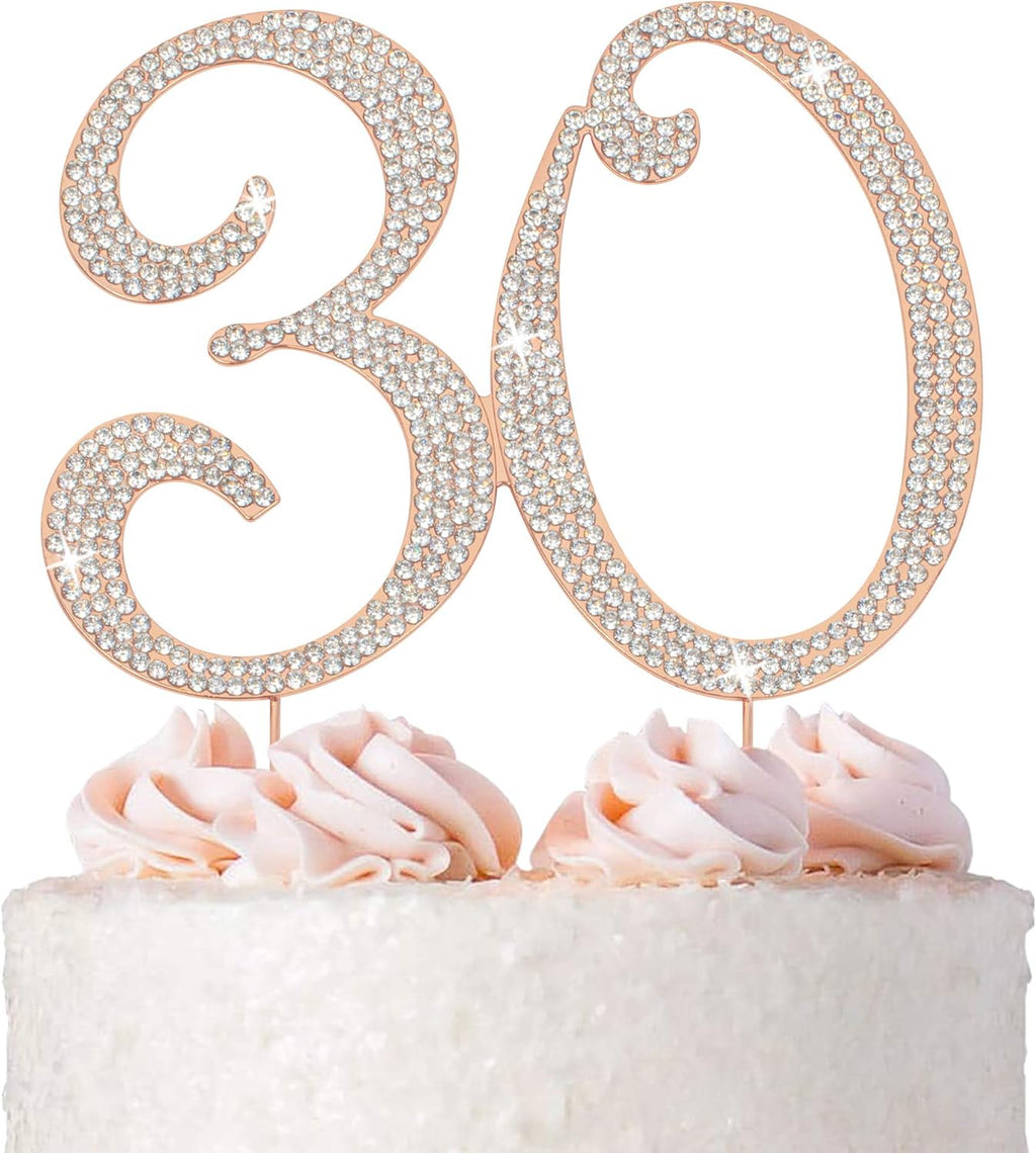 30 Cake Topper - Premium Rose Gold Metal - 30th Birthday or Anniversary Party Sparkly Rhinestone Decoration Makes a Great Centerpiece - Now Protected in a Box