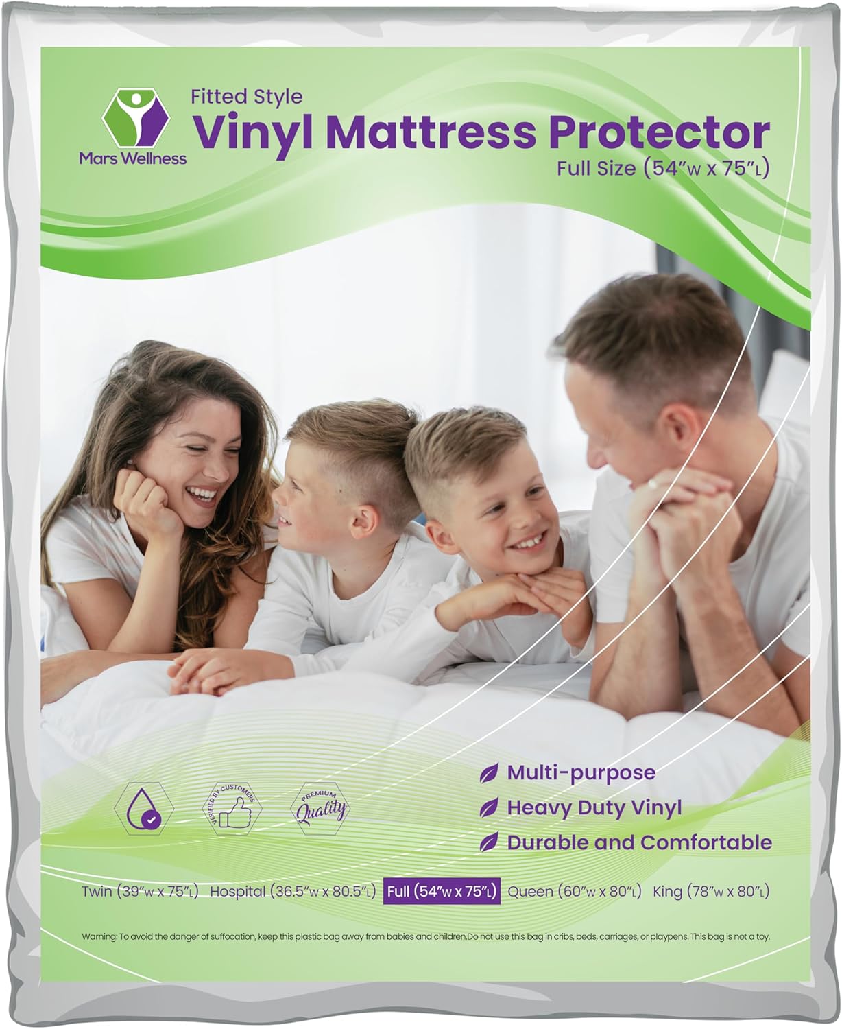 Mars Wellness Waterproof Vinyl Mattress Protector and Cover - Contoured Fitted White Mattress Cover Sheet - 1 Pack - Full