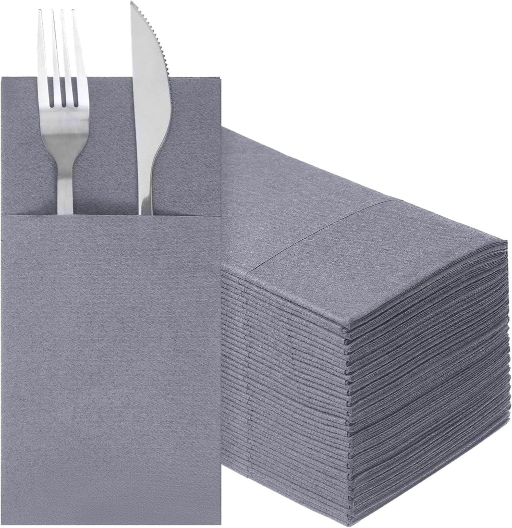 50 Pcs Linen Feel Napkins, Disposable Airlaid Paper Napkins Linen Feel Napkin Disposable Grey with Built in Flatware Pocket for Silverware Valentine Wedding Party Christmas Day, Dusty Grey