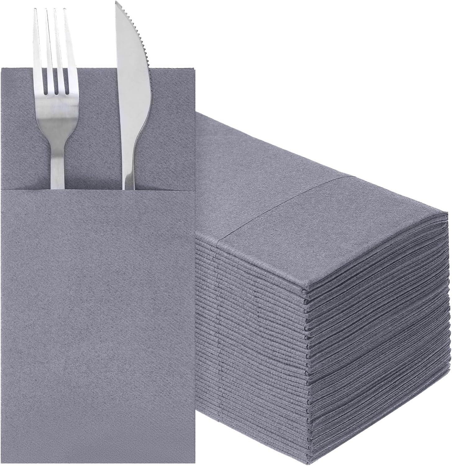 50 Pcs Linen Feel Napkins, Disposable Airlaid Paper Napkins Linen Feel Napkin Disposable Grey with Built in Flatware Pocket for Silverware Valentine Wedding Party Christmas Day, Dusty Grey