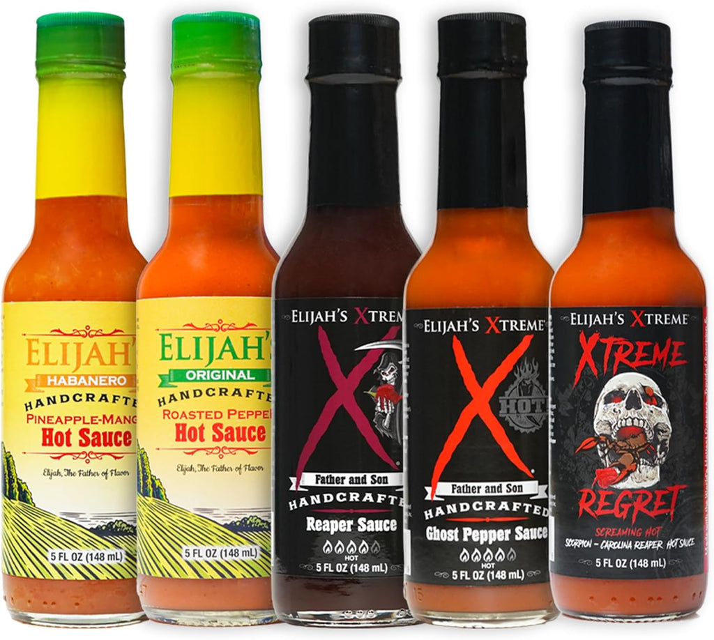 Elijah's Xtreme Hot Sauce Gift Sets - 5 Pack Award Winning Hot Sauce Sampler Includes Mango Habanero Sauce, Roasted Jalapeno Cayenne Pepper Sauce, Sweet Reaper Sauce, Ghost Pepper Hot Sauce, & Super Hot Xtreme Regret Carolina Reaper Hot Sauce