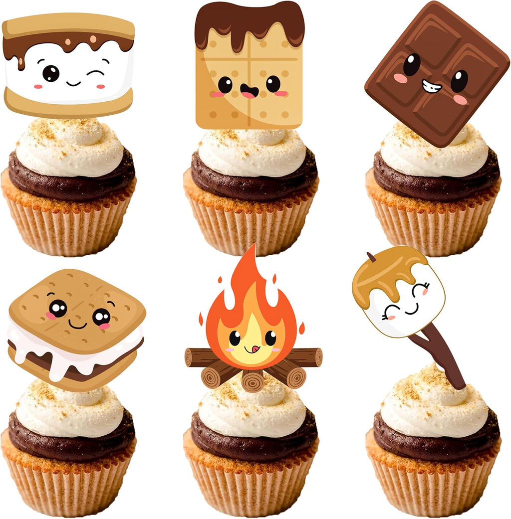 S'more Party Cupcake Toppers 48pcs S'more Birthday Party Decoration Bonfire Camping Cake Cupcake Pick Decorations for S'more Themed Camping Campfire Camper Birthday Party Supplies