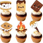 S'more Party Cupcake Toppers 48pcs S'more Birthday Party Decoration Bonfire Camping Cake Cupcake Pick Decorations for S'more Themed Camping Campfire Camper Birthday Party Supplies