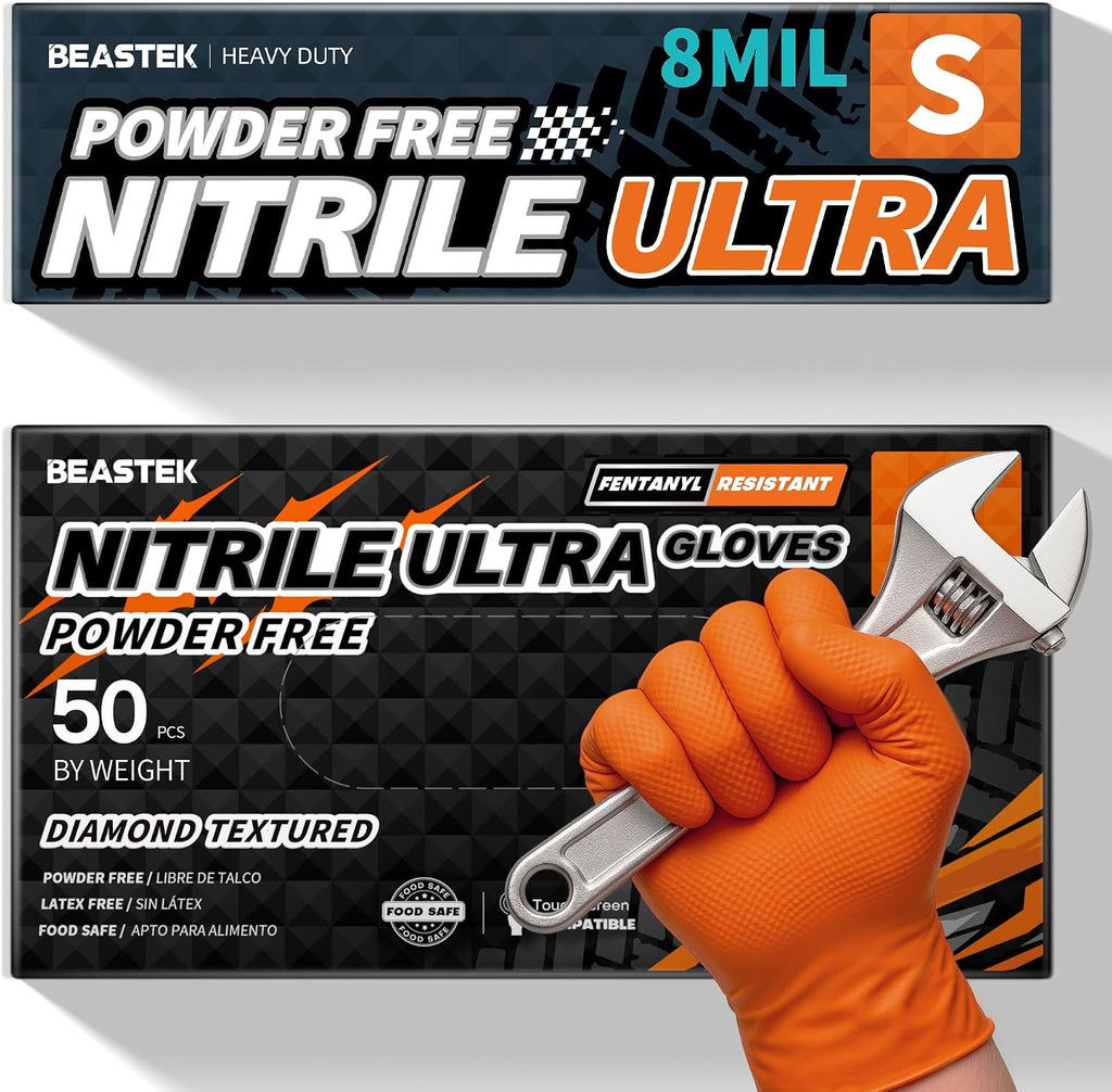 Beastek Nitrile Disposable Gloves, 8Mil Latex & Powder Free Chemical Resistant Heavy Duty Cooking Diamond Glove Orange 50 Pcs
