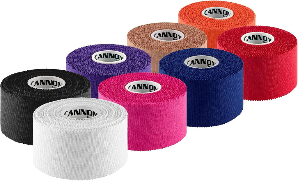 Cannon Sports Premium Athletic Tape - 1.5” x 45 Feet Per Roll - Easy Tear, No Sticky Residue, Very Strong, Hypoallergenic, Latex Free - Pack of 8 (White-Black-Pink-Purple-Blue-Natural-Red-Orange)