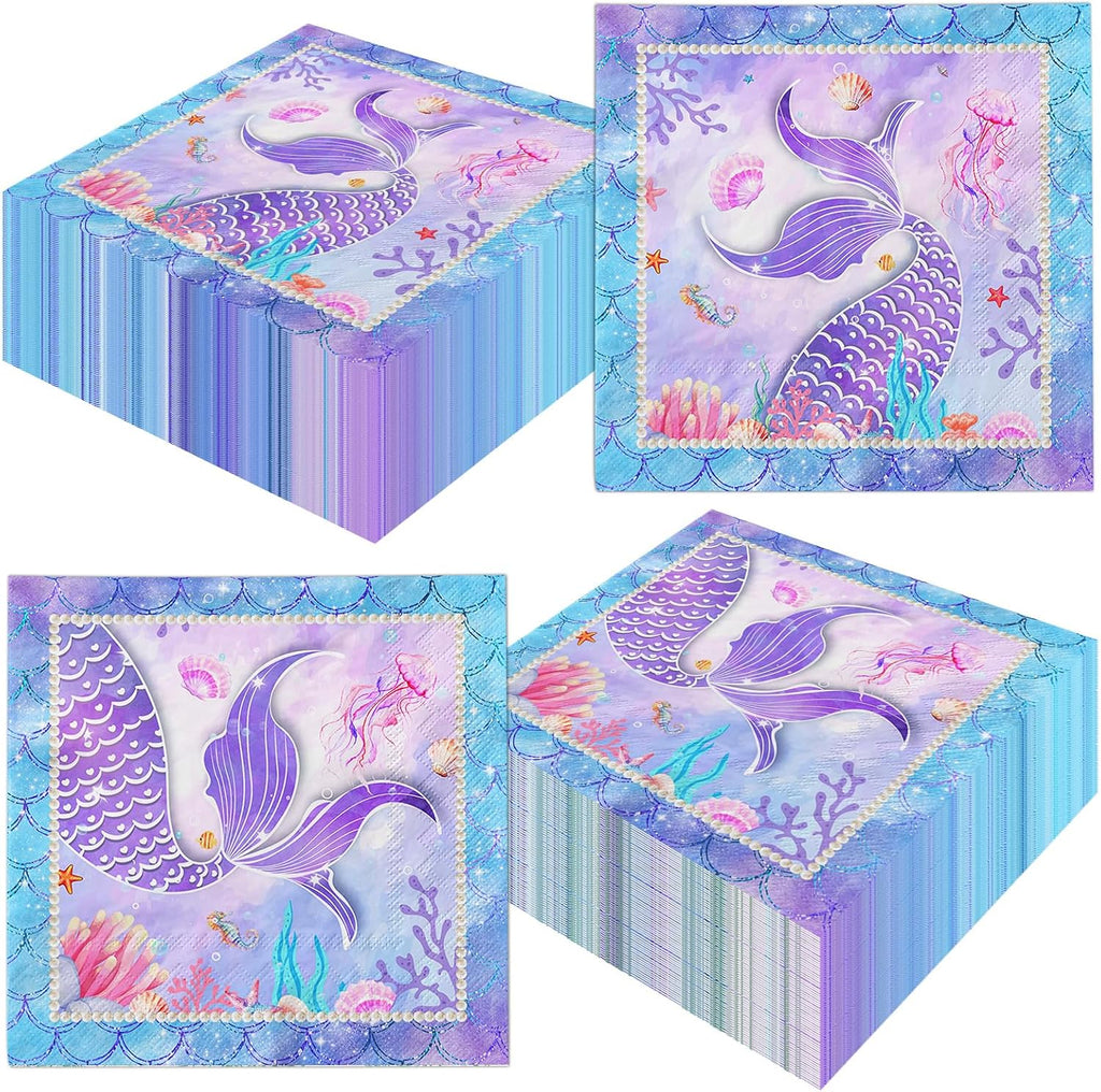 50Pcs Mermaid Napkins Mermaid Birthday Party Decoration Mermaid Tail Disposable Paper Napkin for Kids Girls Baby Shower Mermaid Themed Birthday Party Supplies Table Decorations