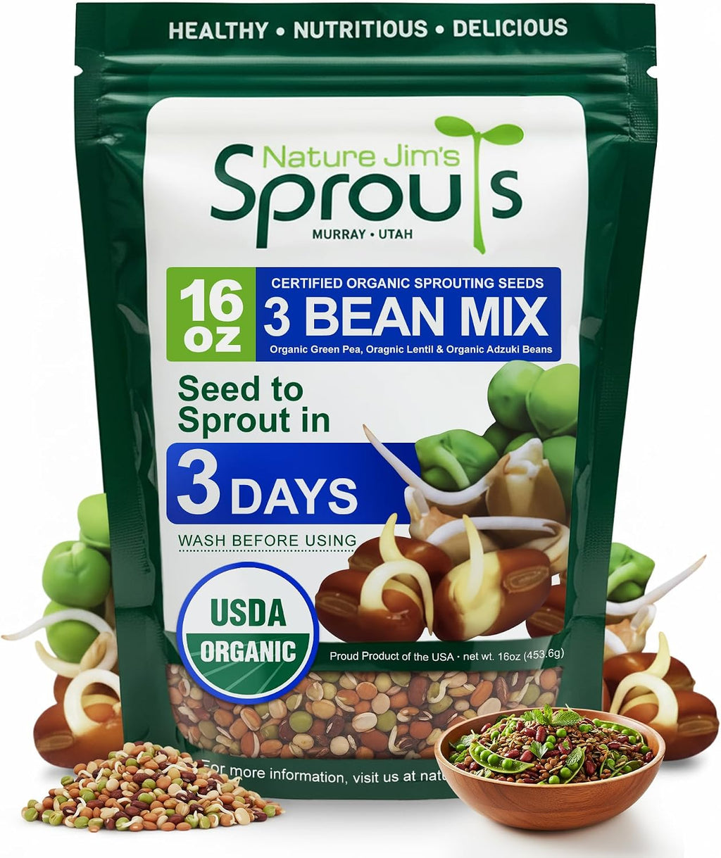 Nature Jim's Sprouts 3-Bean Seed Mix - Organic Green Peas, Lentils & Adzuki Beans for Planting - Non-GMO Microgreen Sprout Seeds, Fast Sprouting, High in Fiber, Protein, Nutrients & Vitamins - 16 Oz