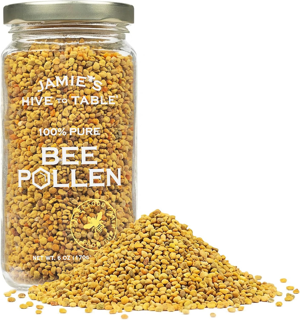 Jamie’s Hive to Table 100% Pure Bee Pollen Granules, 6 oz - Raw & Natural for Energy, Immunity, Skin Health, Antioxidants, & Vitality, Gluten Free