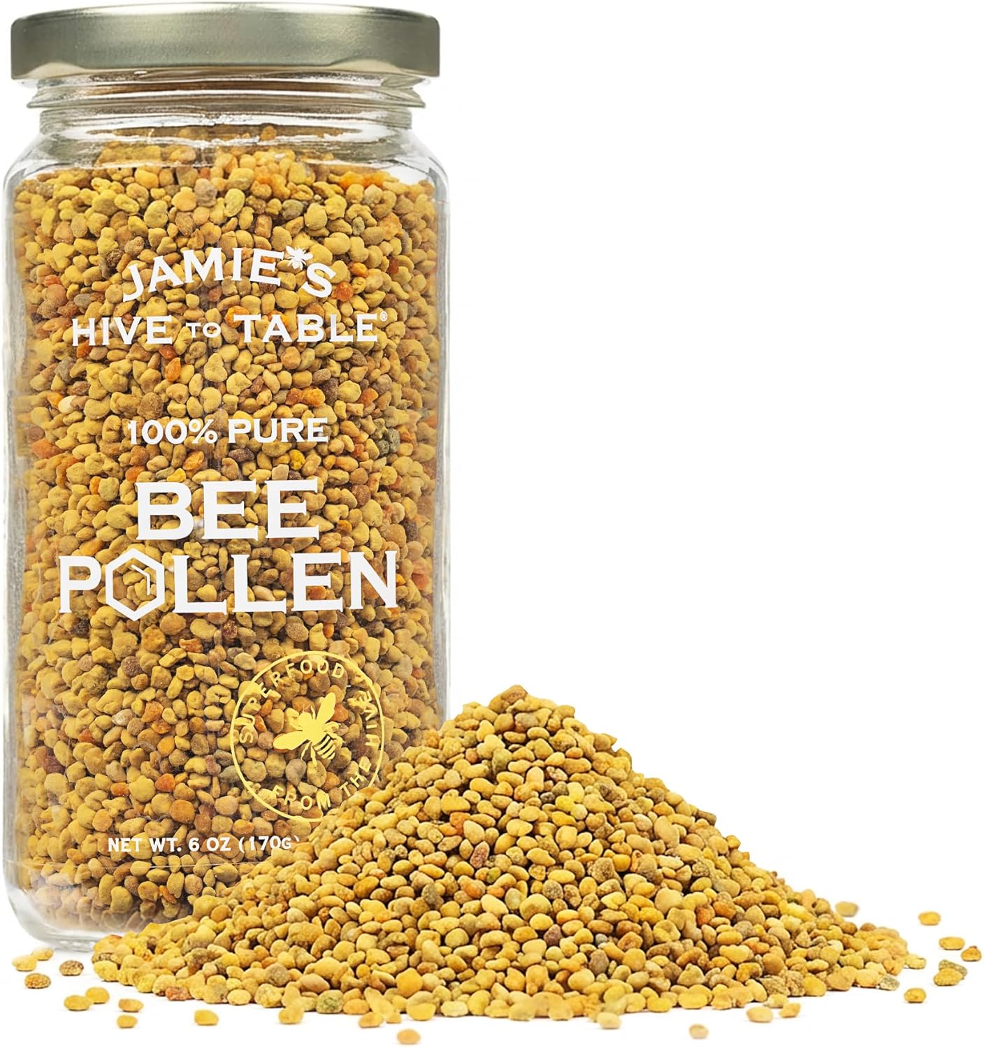 Jamie’s Hive to Table 100% Pure Bee Pollen Granules, 6 oz - Raw & Natural for Energy, Immunity, Skin Health, Antioxidants, & Vitality, Gluten Free