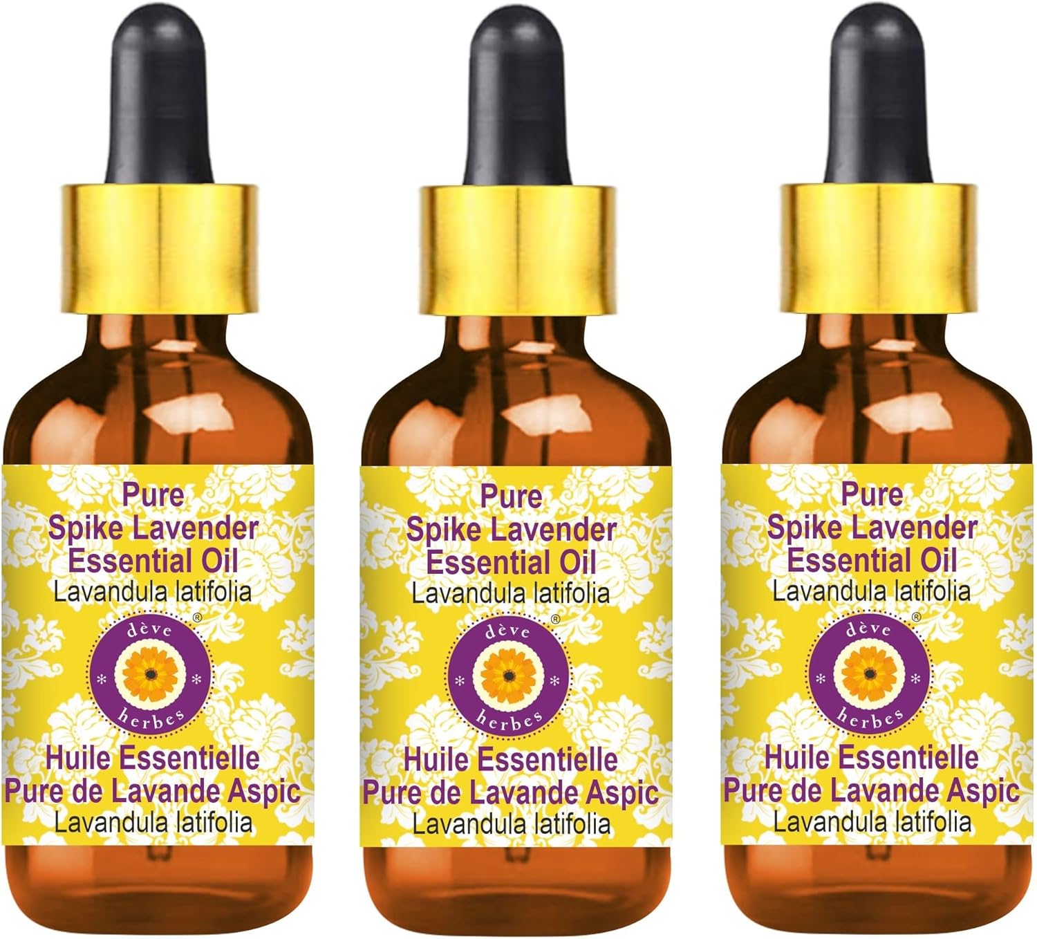 Deve Herbes Pure Spike Lavender Essential Oil (Lavandula latifolia) with Glass Dropper Steam Distilled (Pack of Three) 100ml X 3 (10 oz)