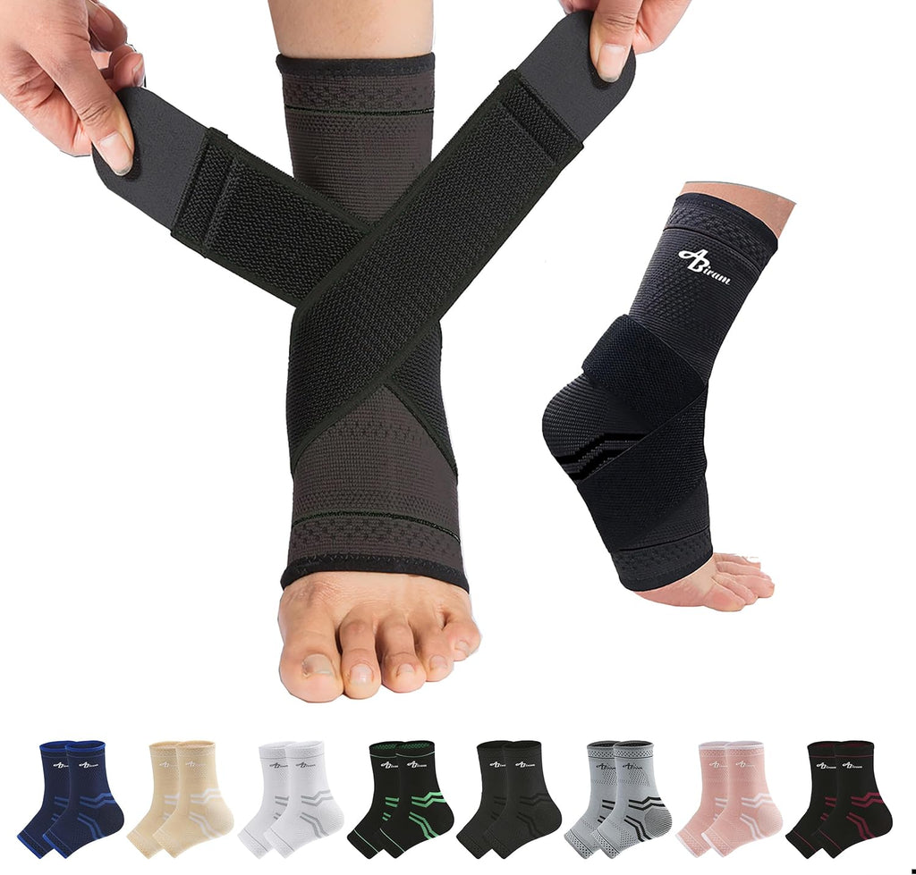 ABIRAM Ankle Brace for Men & Women - Adjustable Compression Sleeve with Wrap for Sprained Ankle, Plantar Fasciitis, Achilles Tendonitis - Breathable Support for Running, Volleyball, Basketball - L