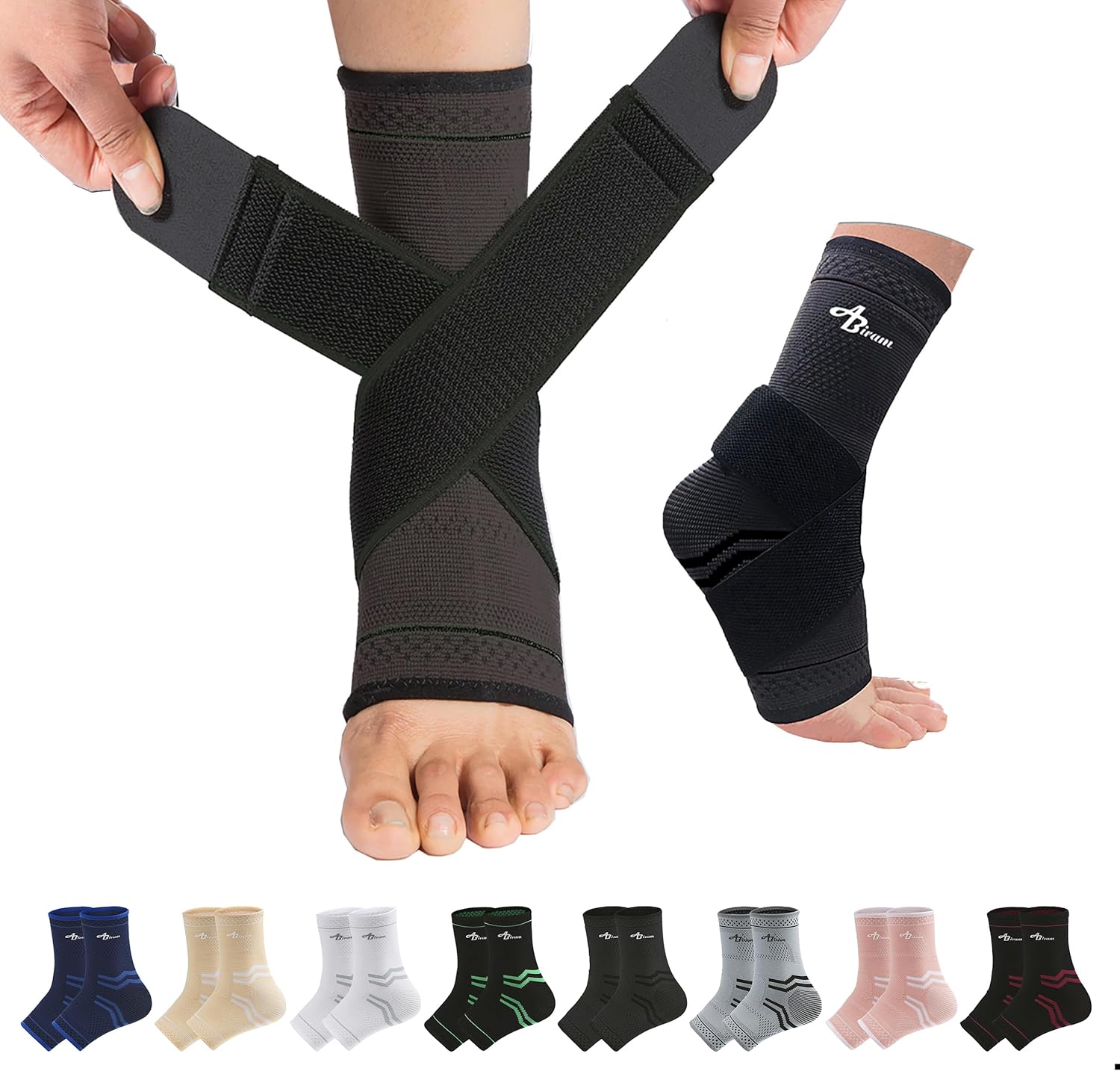 ABIRAM Ankle Brace for Men & Women - Adjustable Compression Sleeve with Wrap for Sprained Ankle, Plantar Fasciitis, Achilles Tendonitis - Breathable Support for Running, Volleyball, Basketball - L