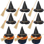 Rsstarxi 12 Pack Halloween Witch Hat Cupcake Toppers Broom Witch Hat Cupcake Picks for Witch Wizard Theme Birthday Halloween Party Cake Decorations Supplies