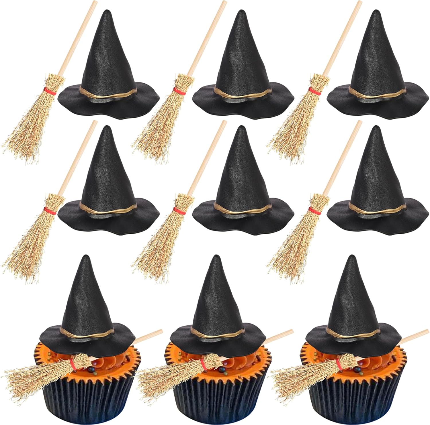 Rsstarxi 12 Pack Halloween Witch Hat Cupcake Toppers Broom Witch Hat Cupcake Picks for Witch Wizard Theme Birthday Halloween Party Cake Decorations Supplies