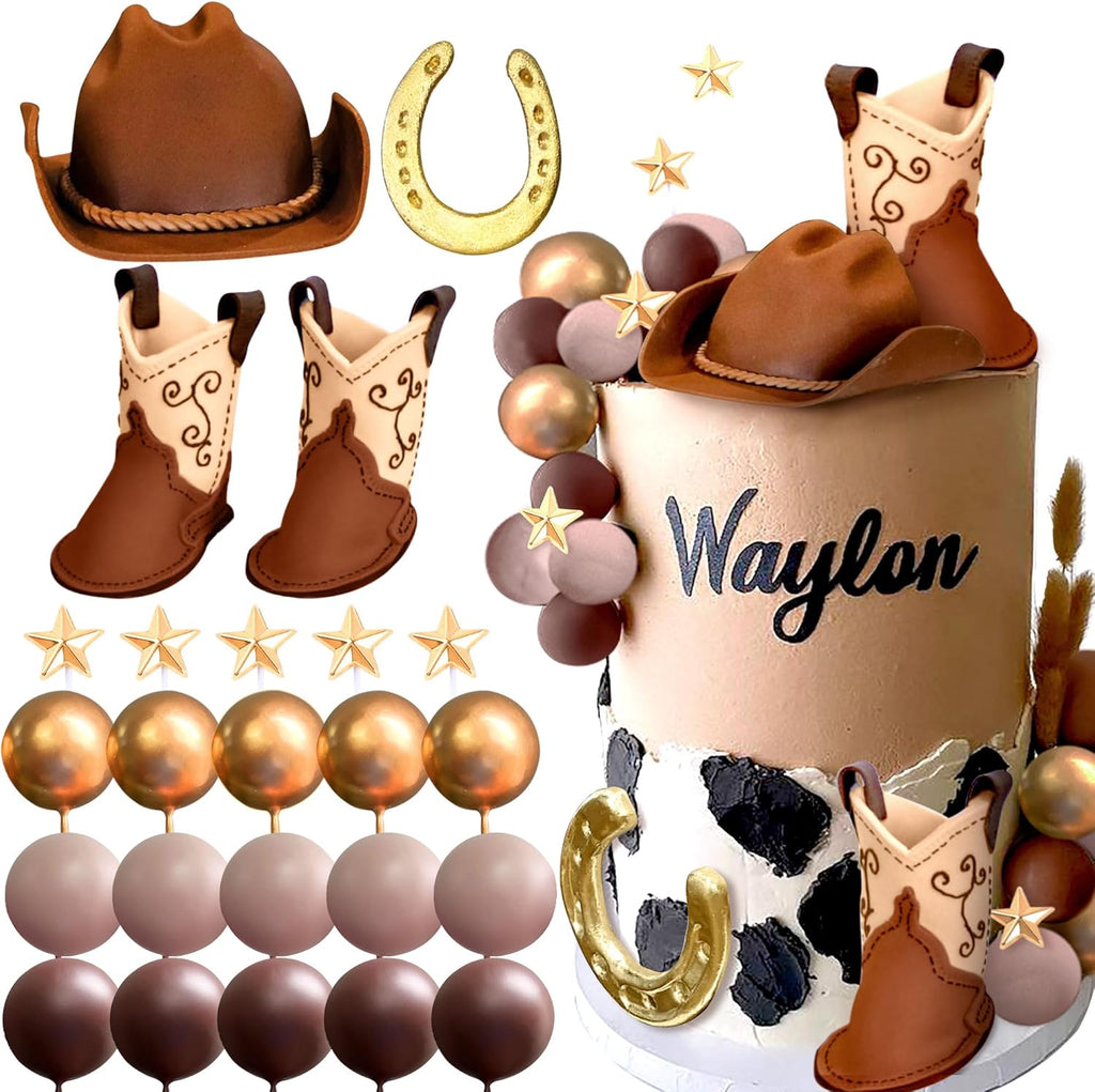 JeVenis Luxury Cowboy Rodeo Cake Topper Cowboy Western Cake Decorations Cowboy Hat Birthday Cake Topper Palm Leaves Cake Topper Cow Balls Cake Topper