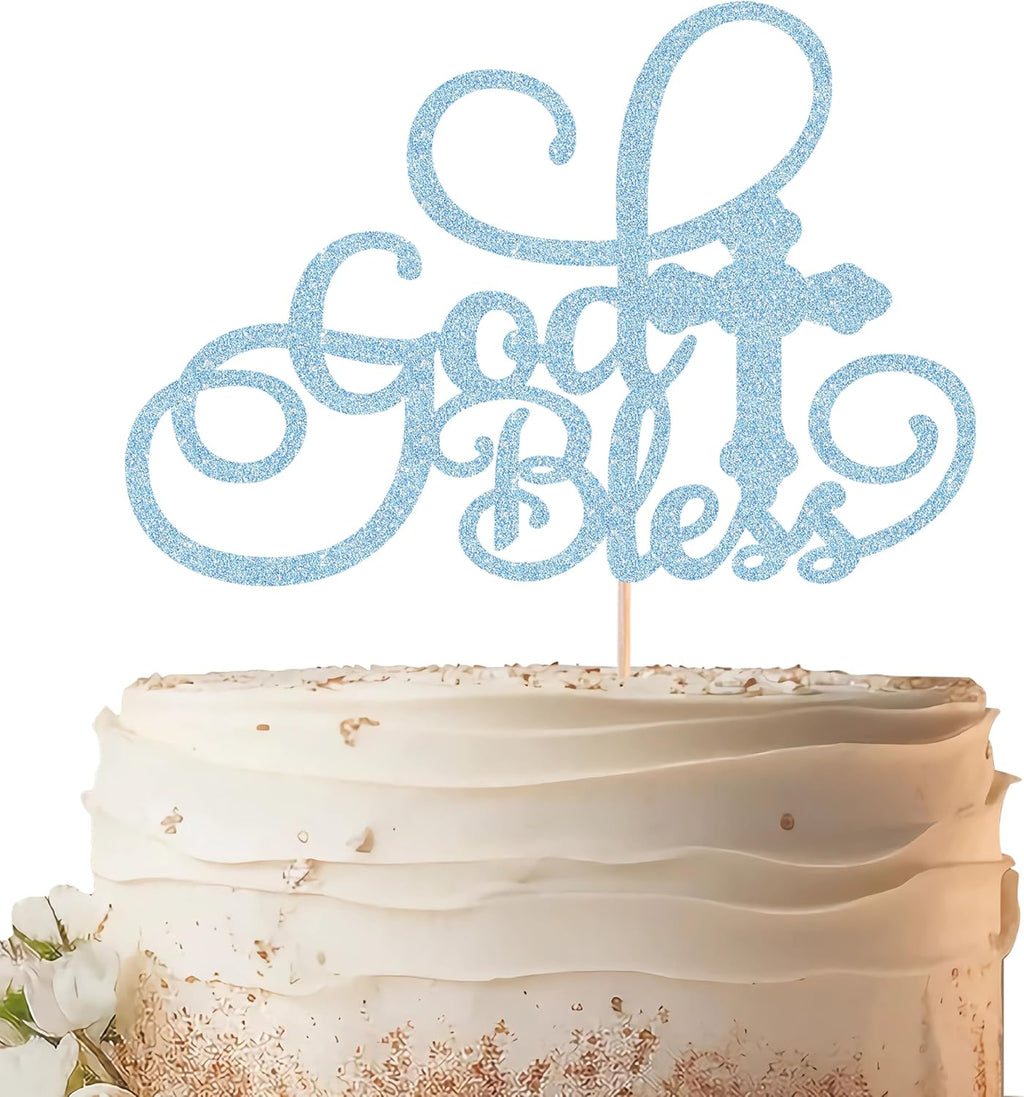 God Bless Cake Topper - Light Blue Glitter Baptism Cake Decorating Supplies for Boys or Girls, Baptism Sign Divine Blessings Cake Decor for Baby Shower, Christening Photo Booth Props