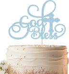 God Bless Cake Topper - Light Blue Glitter Baptism Cake Decorating Supplies for Boys or Girls, Baptism Sign Divine Blessings Cake Decor for Baby Shower, Christening Photo Booth Props