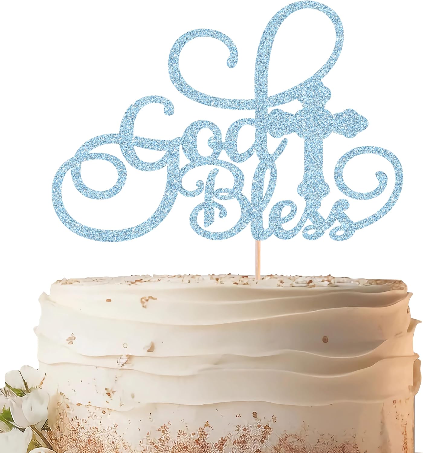 God Bless Cake Topper - Light Blue Glitter Baptism Cake Decorating Supplies for Boys or Girls, Baptism Sign Divine Blessings Cake Decor for Baby Shower, Christening Photo Booth Props