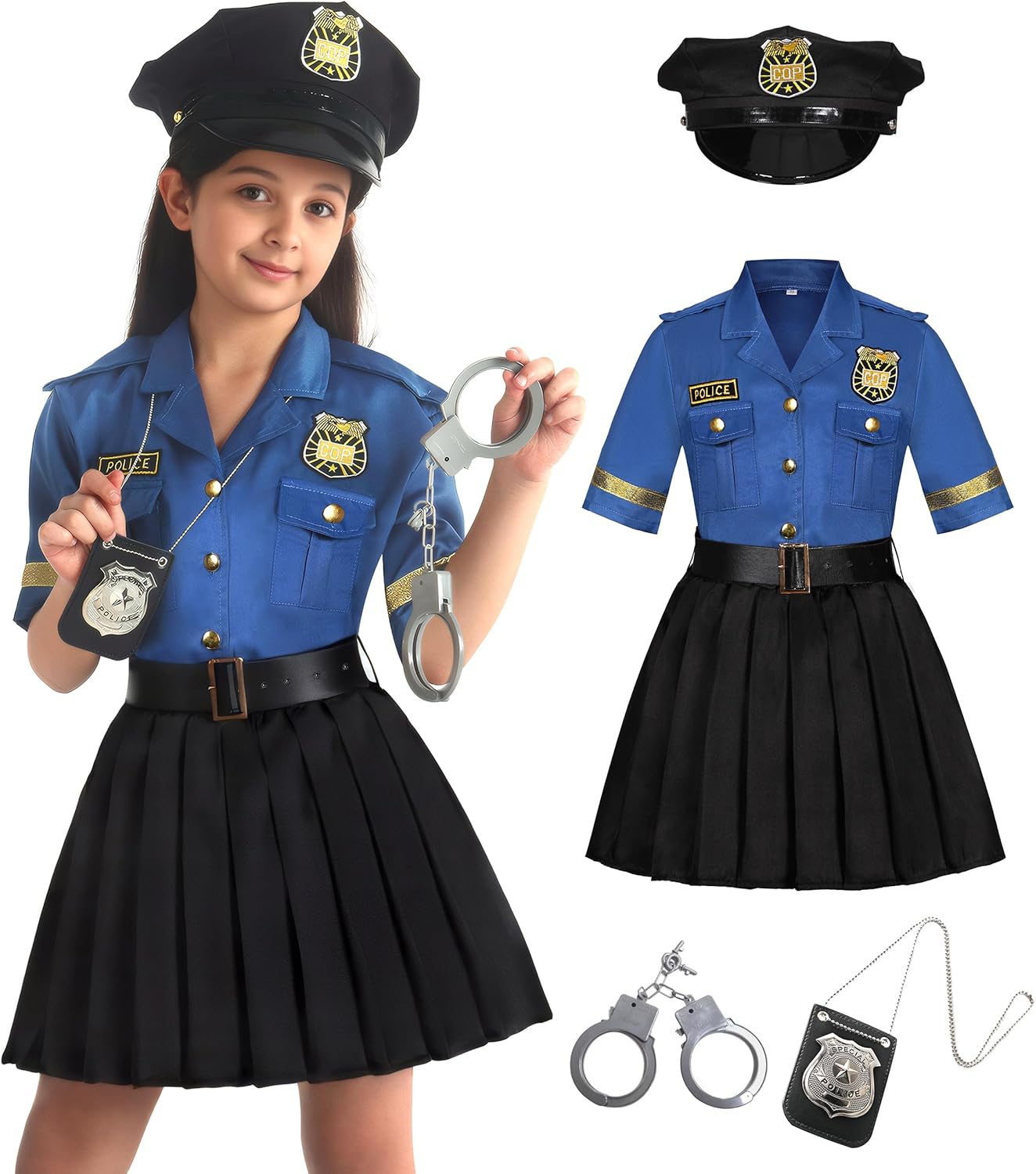 Cuteshower Girls Police Officer Costume Cop Uniform for Halloween Dress Up 3-10Years