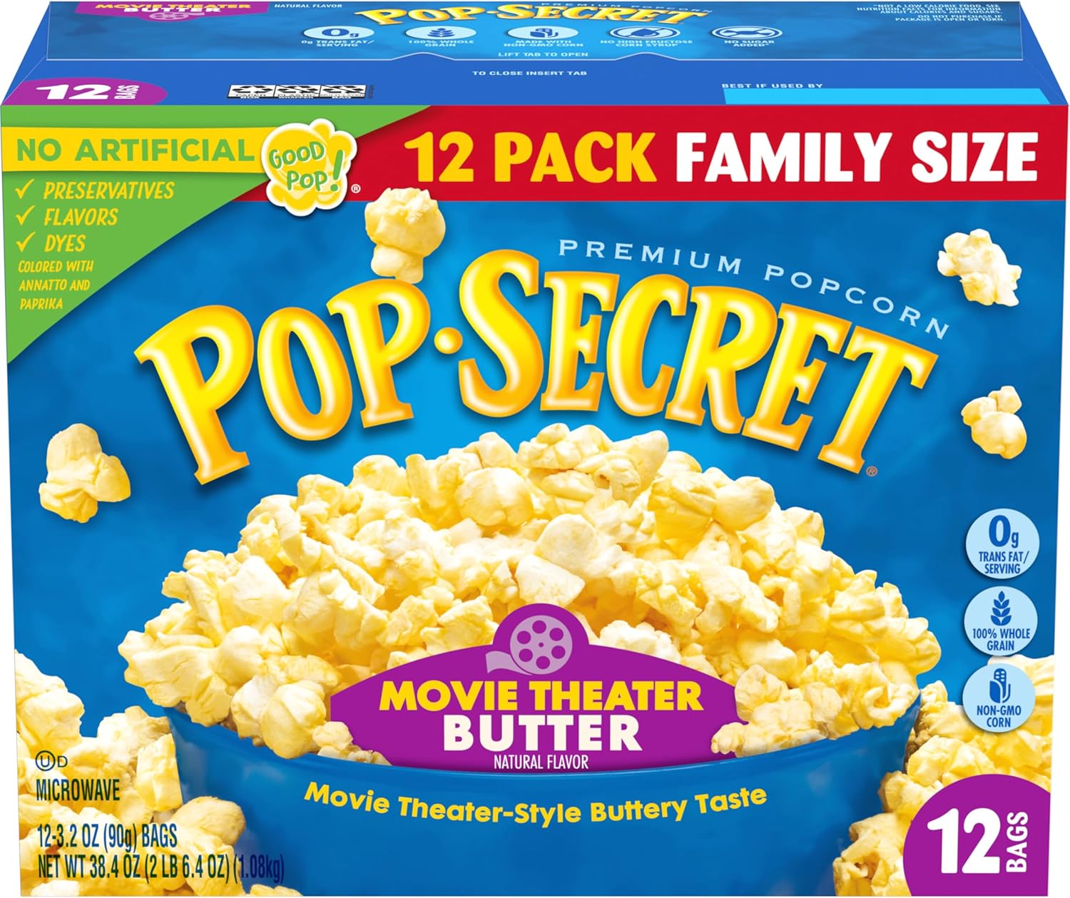 Pop Secret Microwave Popcorn, Movie Theater Butter, Flavor, 3.2 Oz Sharing Bags, 12 Ct