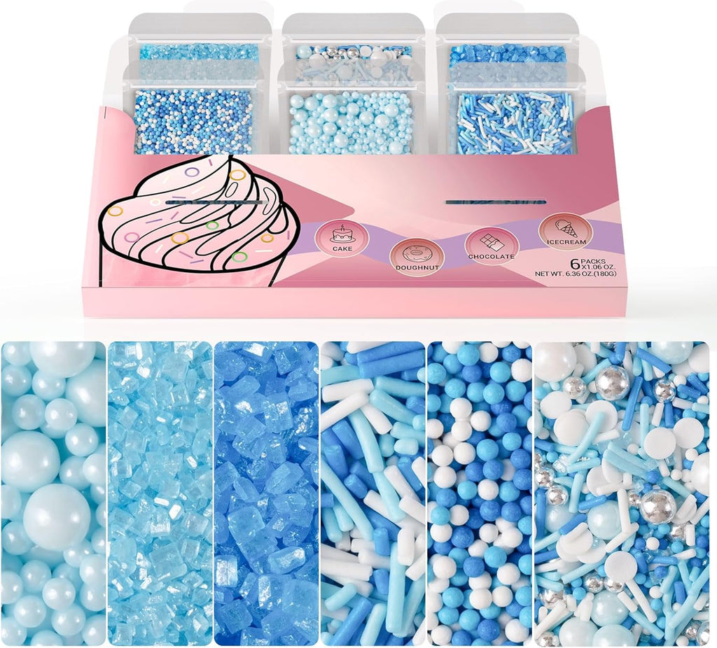 HUEBEATY® 6-in-1 Blue and White Sprinkles for Cake Decorating – 180g/6.36oz Edible Baby Shower, Hanukkah, Frozen & Winter Sprinkles with Baby Blue Sugar, Nonpareils, Pearls & Jimmies for Cupcakes, Cookies, Ice Cream