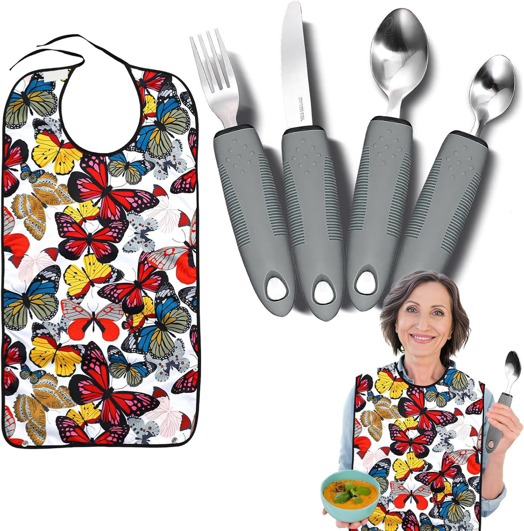Adaptive Utensils with Adult Bibs for Women - 4pcs Weighted Utensils Set (2.5oz Each) for Hand Tremors, Elderly, Parkinson's, Arthritis - Non-Slip Easy Grip Handles for Independent Eating