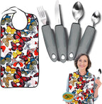 Adaptive Utensils with Adult Bibs for Women - 4pcs Weighted Utensils Set (2.5oz Each) for Hand Tremors, Elderly, Parkinson's, Arthritis - Non-Slip Easy Grip Handles for Independent Eating