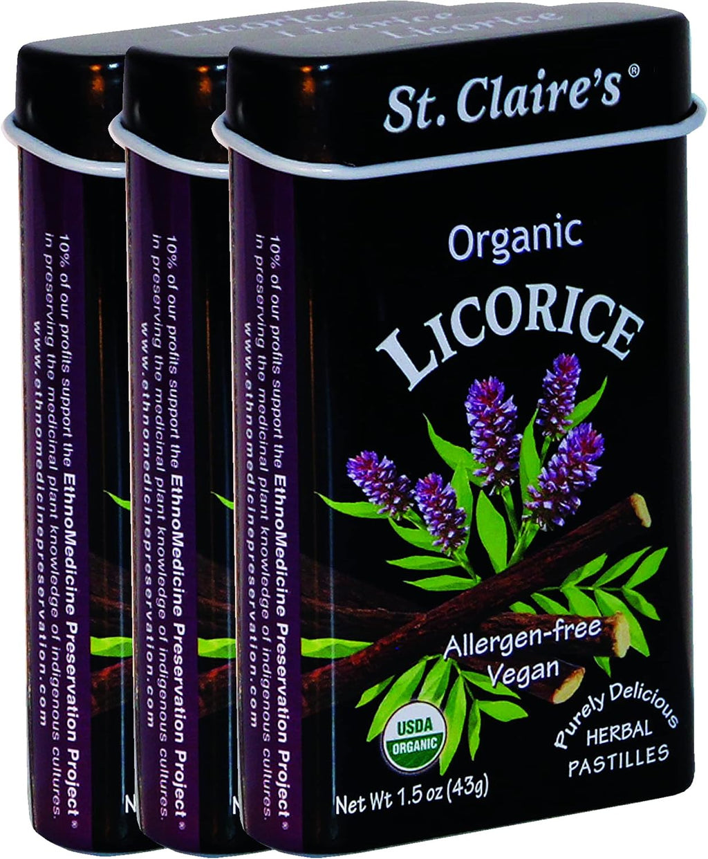 St. Claire's Organic Herbal Pastilles, (Licorice, 1.5 Ounce Tin, Bundle of 3) | Gluten-Free, Vegan, GMO-Free, Plant-based, Allergen-Free | Made in our Allergen-Free facility