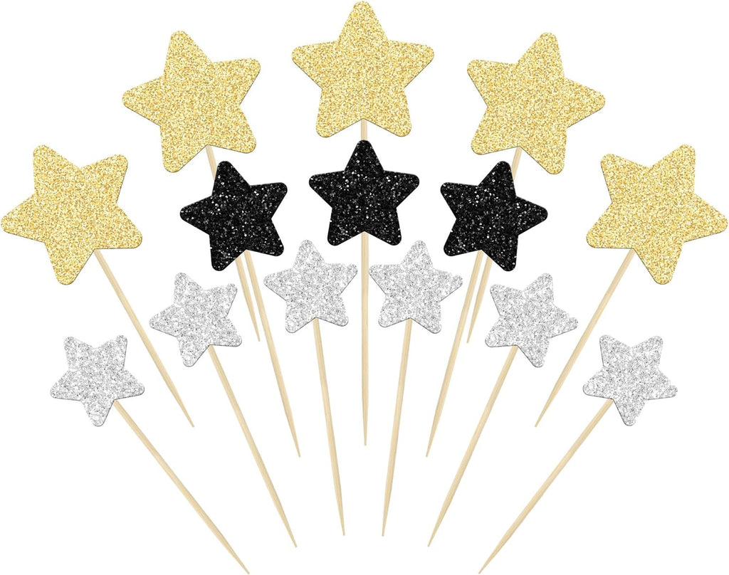 Gyufise 42Pcs Star Cupcake Toppers Glitter Assembled Twinkle Star Cupcake Picks Wedding Engagement Bridal Shower Birthday Party Cake Decorations Supplies Black Gold Silver