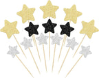 Gyufise 42Pcs Star Cupcake Toppers Glitter Assembled Twinkle Star Cupcake Picks Wedding Engagement Bridal Shower Birthday Party Cake Decorations Supplies Black Gold Silver