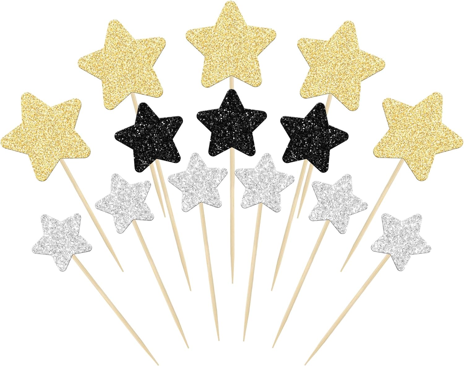 Gyufise 42Pcs Star Cupcake Toppers Glitter Assembled Twinkle Star Cupcake Picks Wedding Engagement Bridal Shower Birthday Party Cake Decorations Supplies Black Gold Silver