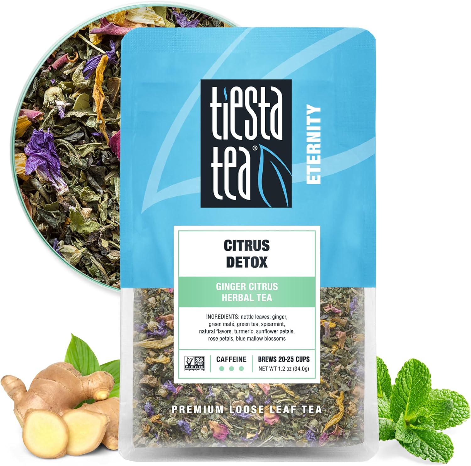 Tiesta Tea - Ginger Citrus Herbal Loose Leaf Tea, Lemon Ginger Tea with Mint and Chamomile, Caffeine-Free, Brew Hot or Iced, Makes Up to 25 Cups, Resealable Pouch, 1.2 Ounce