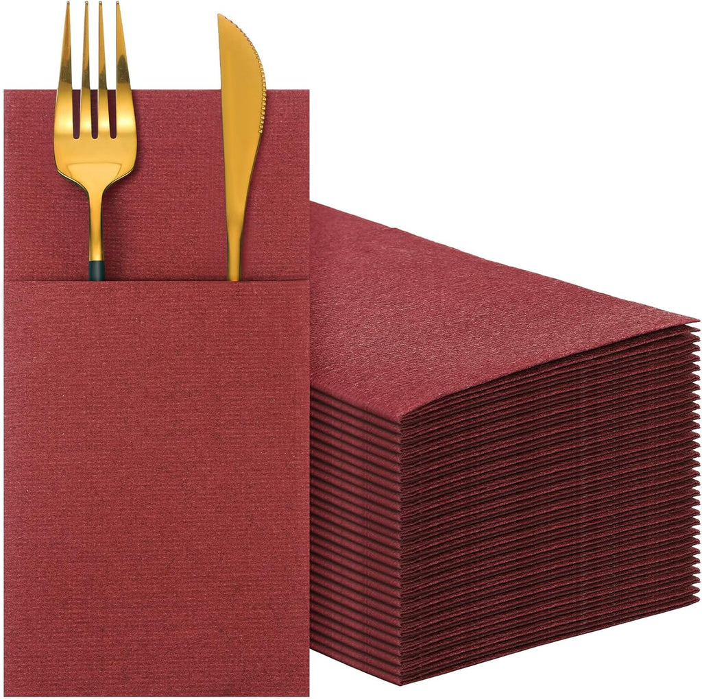 Cindeer 75 Pcs Burgundy Linen Dinner Feel Napkins with Built in Flatware Pocket Prefolded Paper Disposable Airlaid Guest Hand Towel for Silverware Wedding Reception Christmas Baby Shower