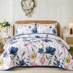 Anibedding Queen Quilt Set, Dark Blue Floral Bedspread Soft Microfiber Lightweight Queen Size Quilt Bedding Sets Flower Coverlet for All Season(Queen, 96"x90")