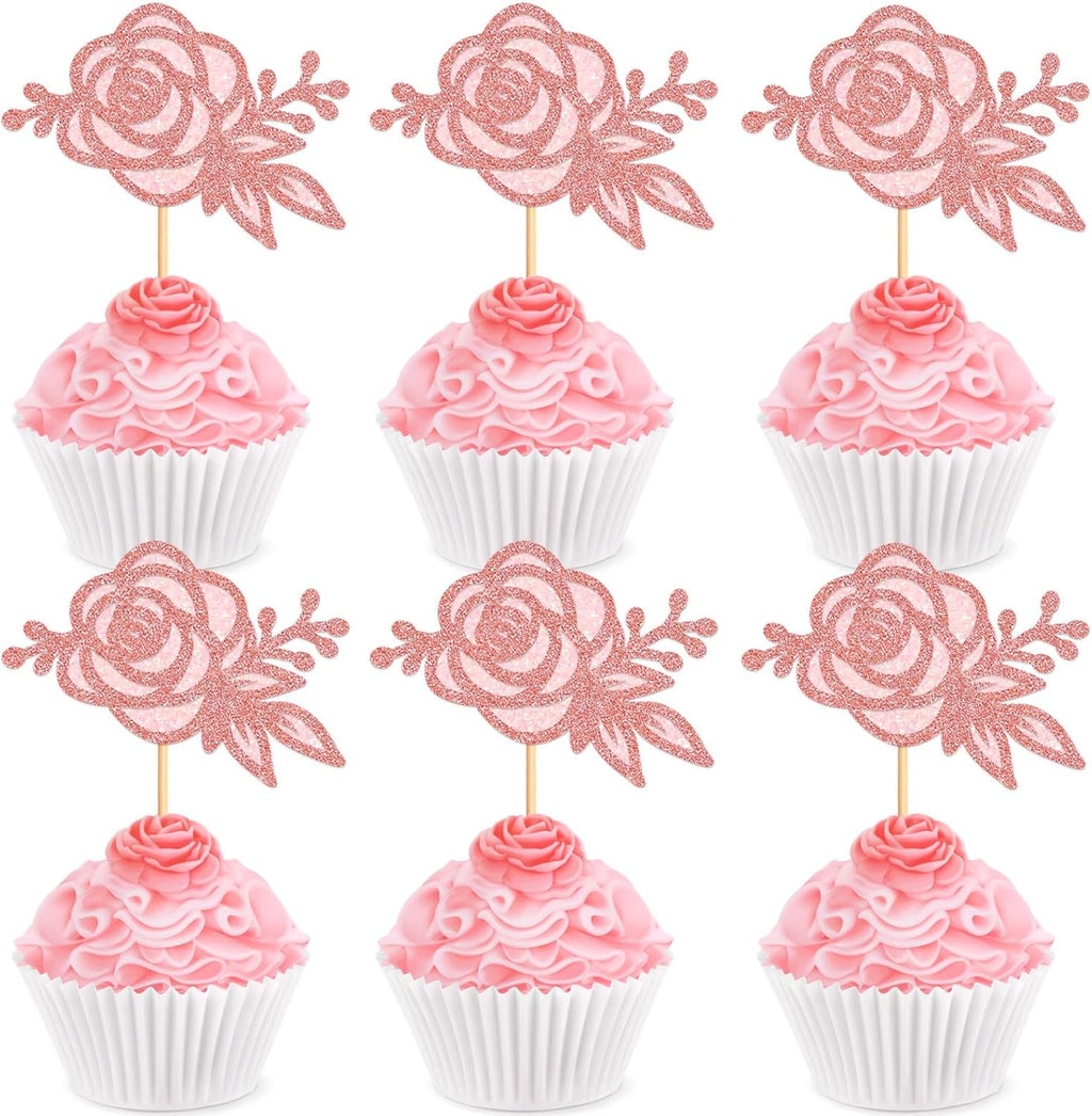 24Pcs Glitter Pink Rose Flower Cupcake Topper Double Layers Roses Flowers Cupcake Picks for Floral Bridal Shower Wedding Anniversary Mother's Day Valentine's Day Floral Birthday Cupcake Decoration