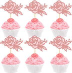 24Pcs Glitter Pink Rose Flower Cupcake Topper Double Layers Roses Flowers Cupcake Picks for Floral Bridal Shower Wedding Anniversary Mother's Day Valentine's Day Floral Birthday Cupcake Decoration