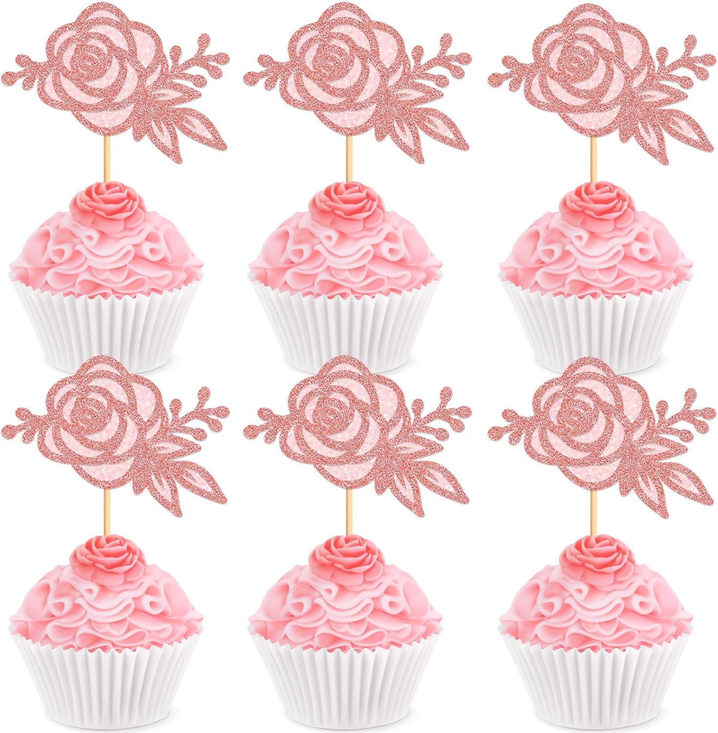 24Pcs Glitter Pink Rose Flower Cupcake Topper Double Layers Roses Flowers Cupcake Picks for Floral Bridal Shower Wedding Anniversary Mother's Day Valentine's Day Floral Birthday Cupcake Decoration