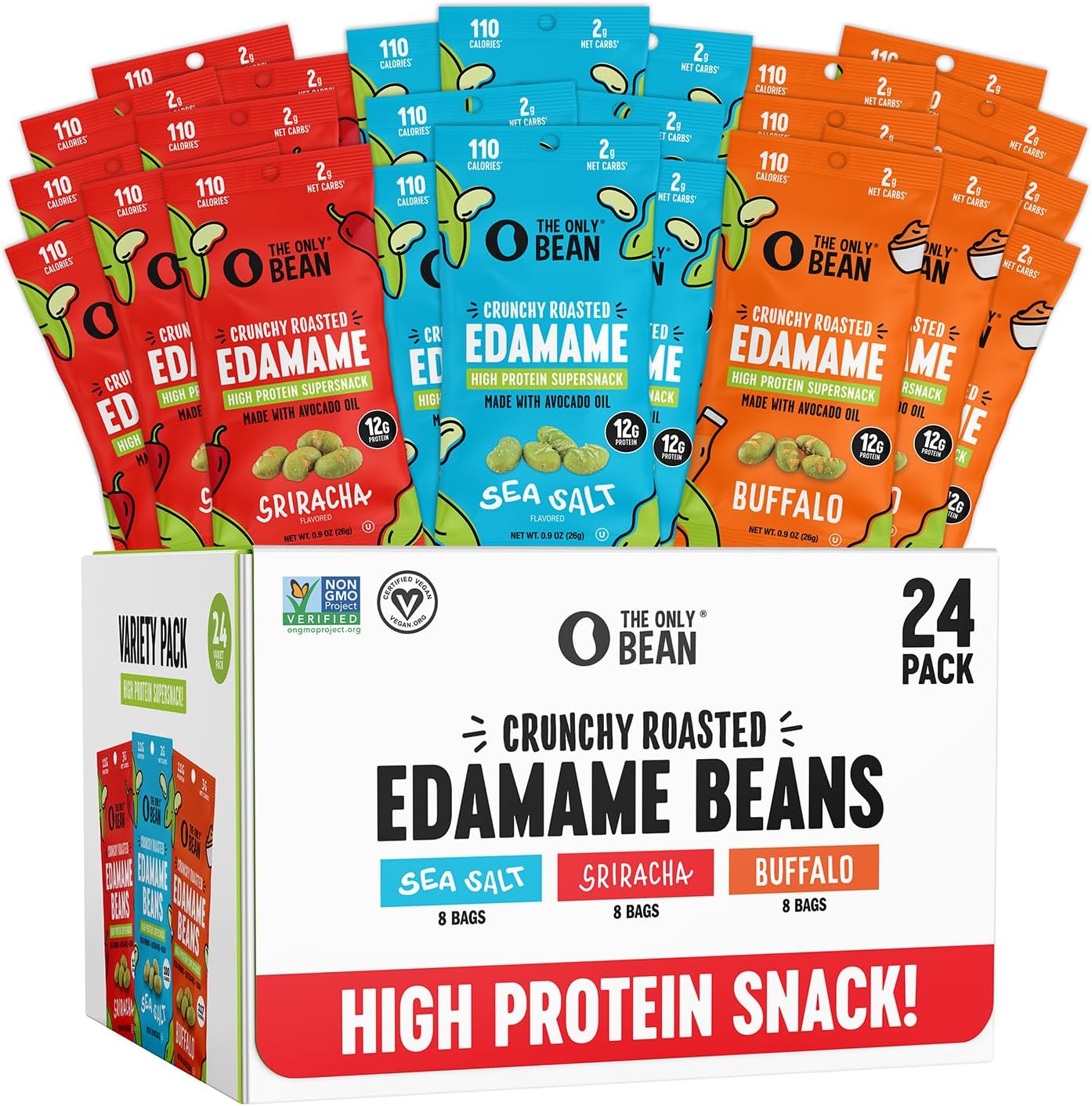 The Only Bean Crunchy Roasted Edamame - Healthy Snacks for Adults and Kids (Variety Pack), Low Carb Keto Snack Food, Vegan Gluten Free High Protein Snacks (11g), Office Snack, 0.9oz 24 pack