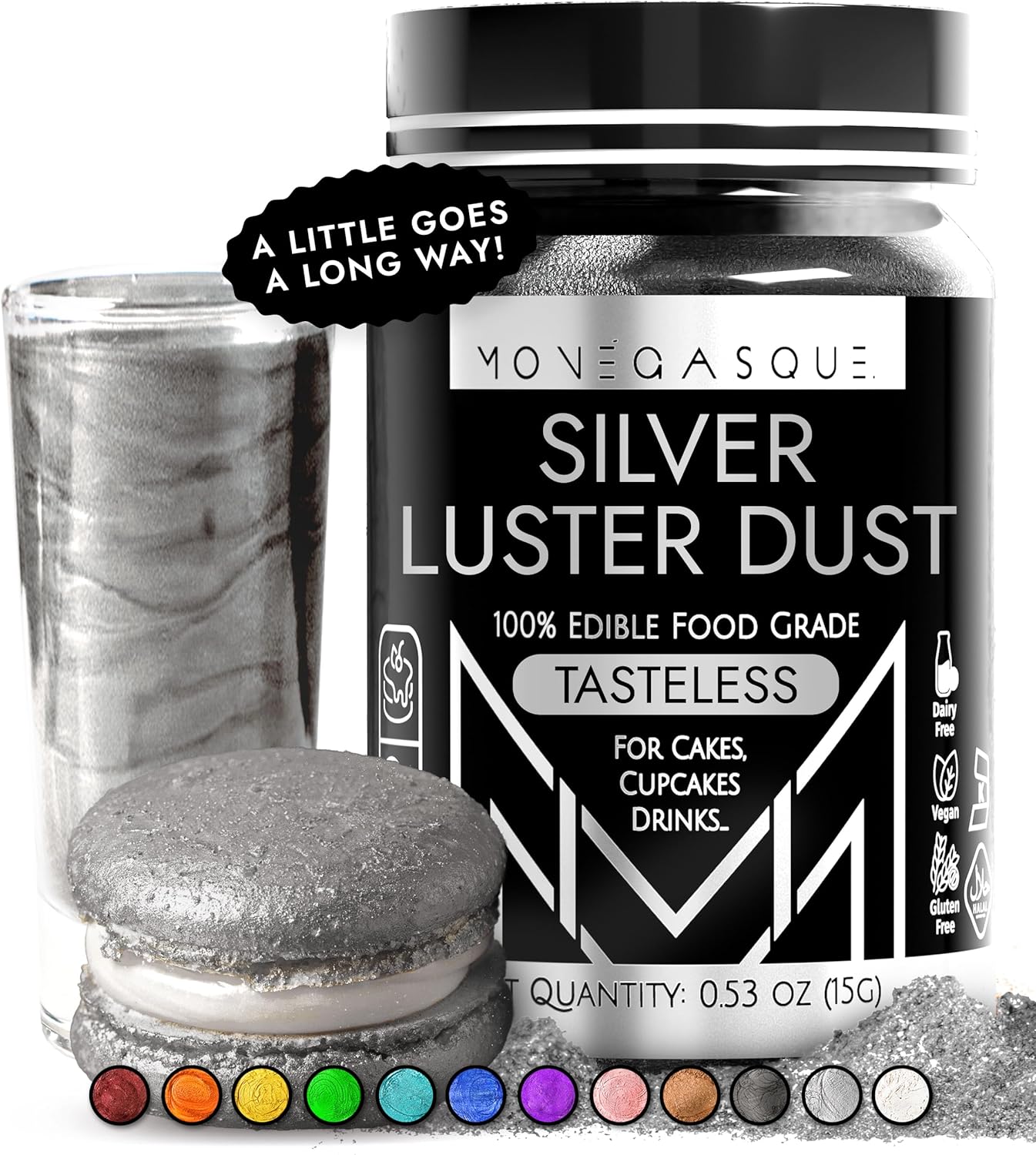 MONÉGASQUE Silver Edible Glitter for Drinks 15g – Edible Glitter for Cakes & Cocktails - Silver Luster Dust for Cocktail, Cake Decorating, Food Decorations Spray - Drink Decorations Cocktail Shimmer