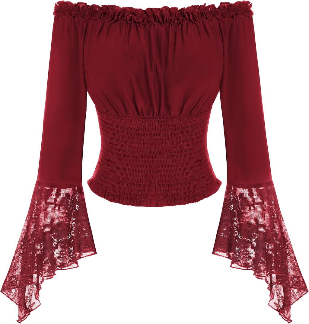 Scarlet Darkness Renaissance Shirt Women Bell Sleeve Off The Shoulder Pirate Blouse Peasant Dressy Top