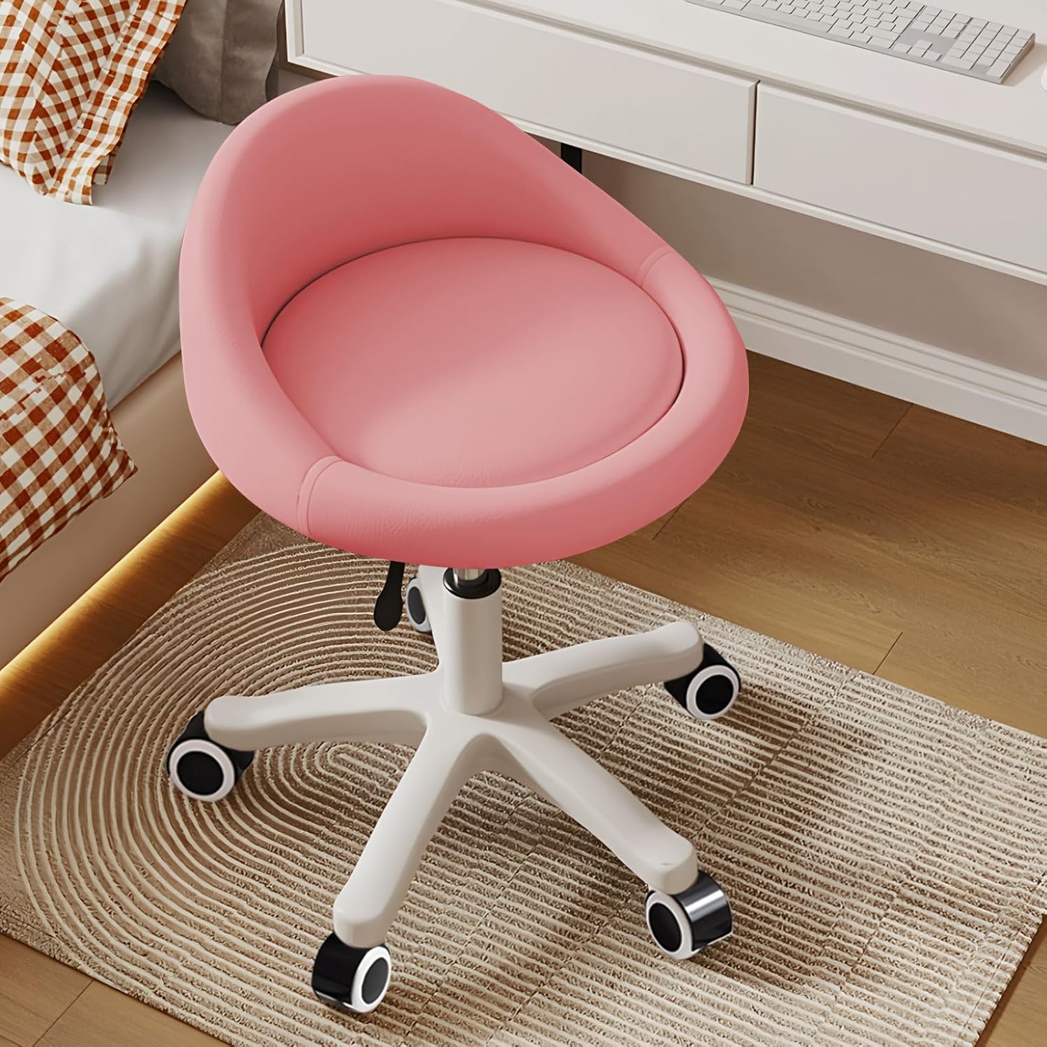Rolling Stool – Ergonomic Swivel Seat, Adjustable Height, Ultra-Quiet Wheels, Padded PU Leather Cushion, for Salon, Office, Massage & Medical Use Pink 1