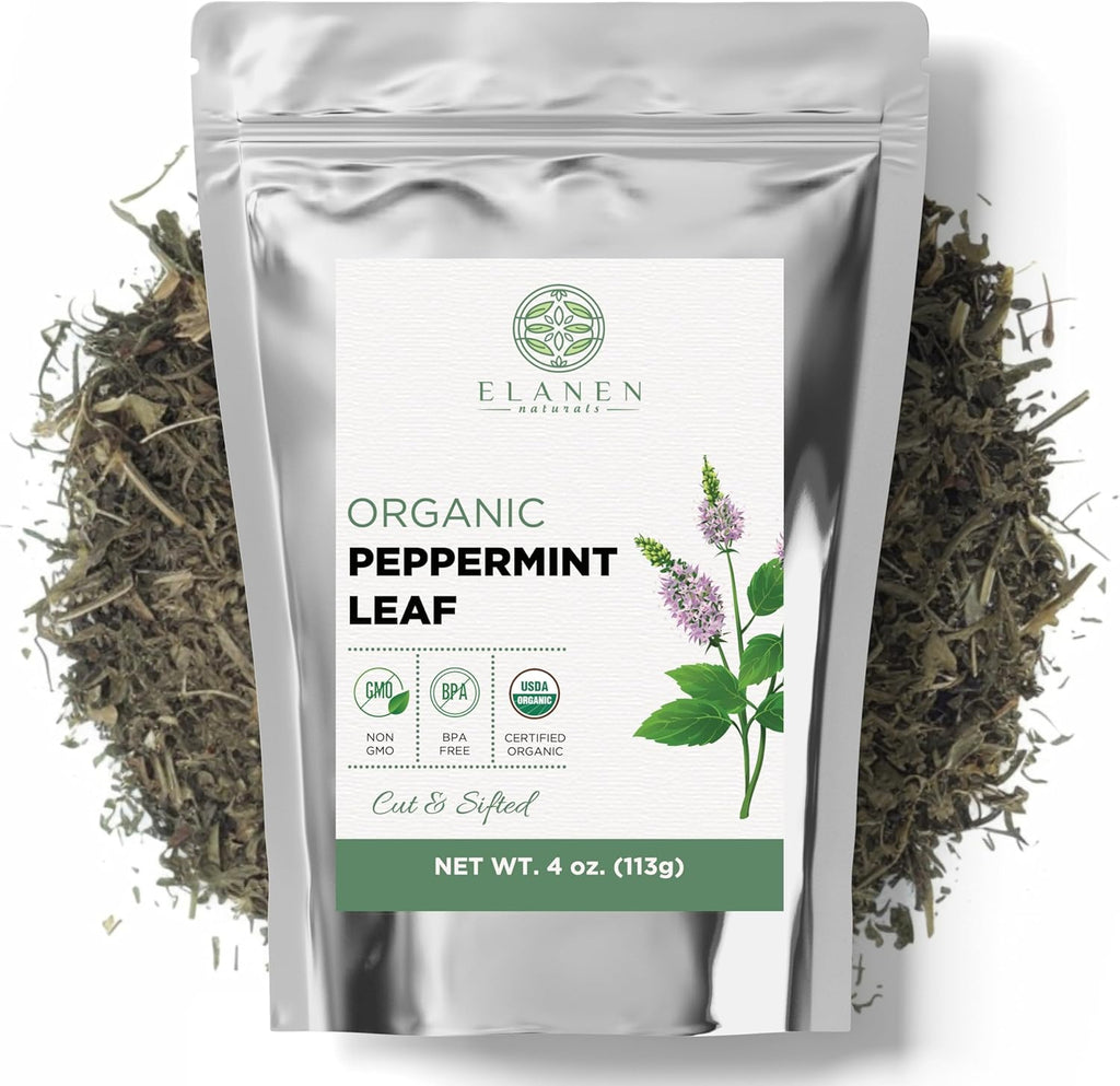 Elanen Naturals Organic Peppermint Leaves 4 oz. (113g), USDA Certified Organic Peppermint Tea Loose Leaf, Dried Mint, Dry Mint Tea Bulk, Cut & Sifted
