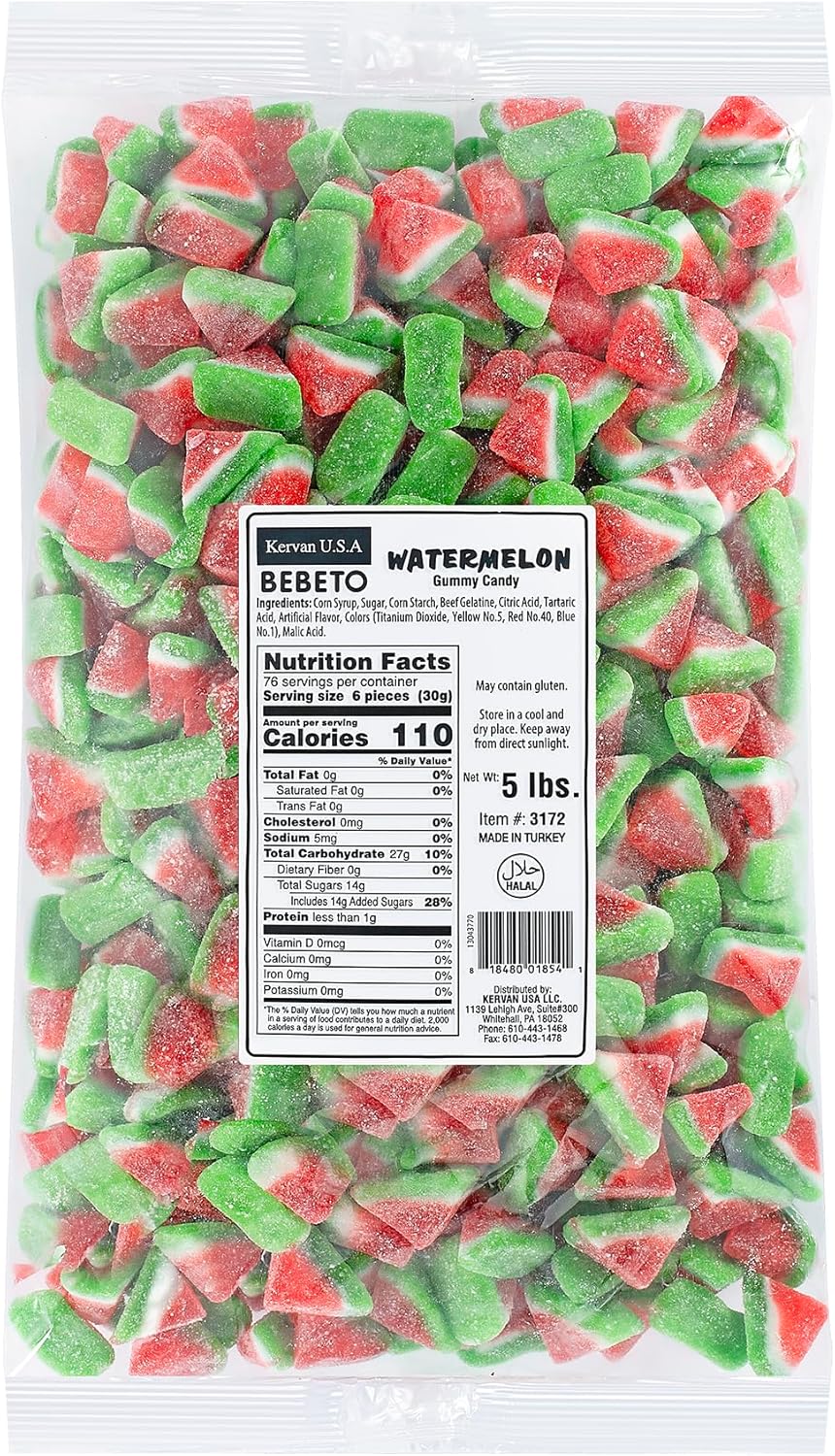 Kervan Candy Bebeto Watermelon Slices - Fruity, Soft, Sweet & Sour Gummy Candy Bulk for Kids, Gift Snacks and Parties - Watermelon Slice Gummies Big Party Size Bag (5 lbs)