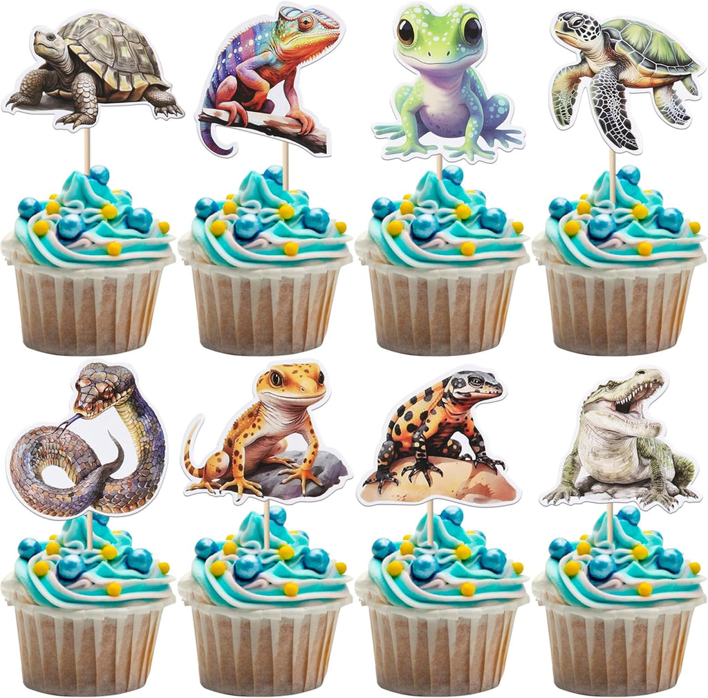 Rsstarxi 40 Pack Cupcake Toppers Crocodile Snake Lizard Turtle Cupcake Picks Decorations for Kids Birthday Reptile Party Cake Decorations