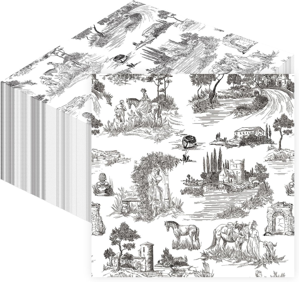 80 Sheets Vantage French Toile Paper Napkins, Disposable Countryside Horses, Bridges Trees Village Toile Napkins for Xmas Dinner Picnic Cocktail Birthday Party Supplies, 13 x 13 inches (Black)