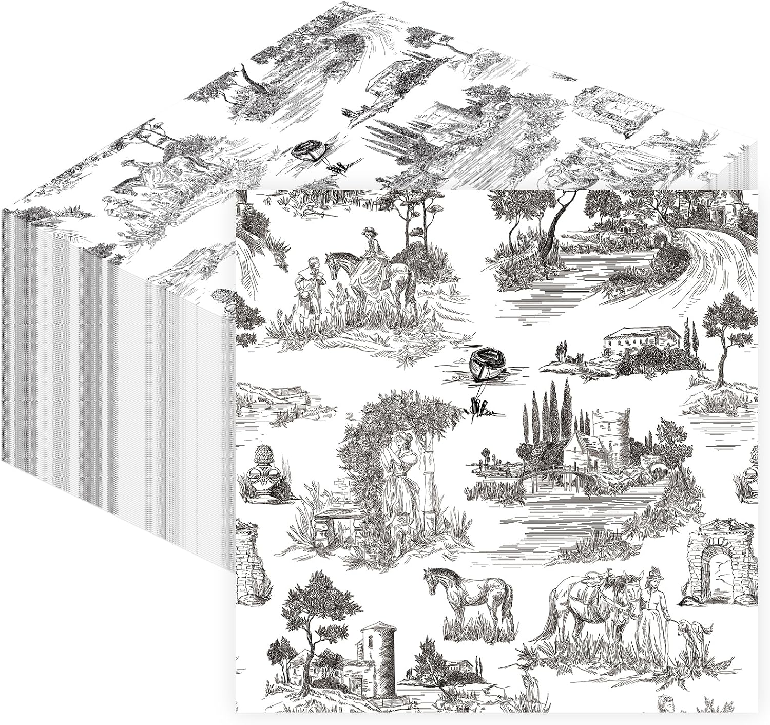 80 Sheets Vantage French Toile Paper Napkins, Disposable Countryside Horses, Bridges Trees Village Toile Napkins for Xmas Dinner Picnic Cocktail Birthday Party Supplies, 13 x 13 inches (Black)