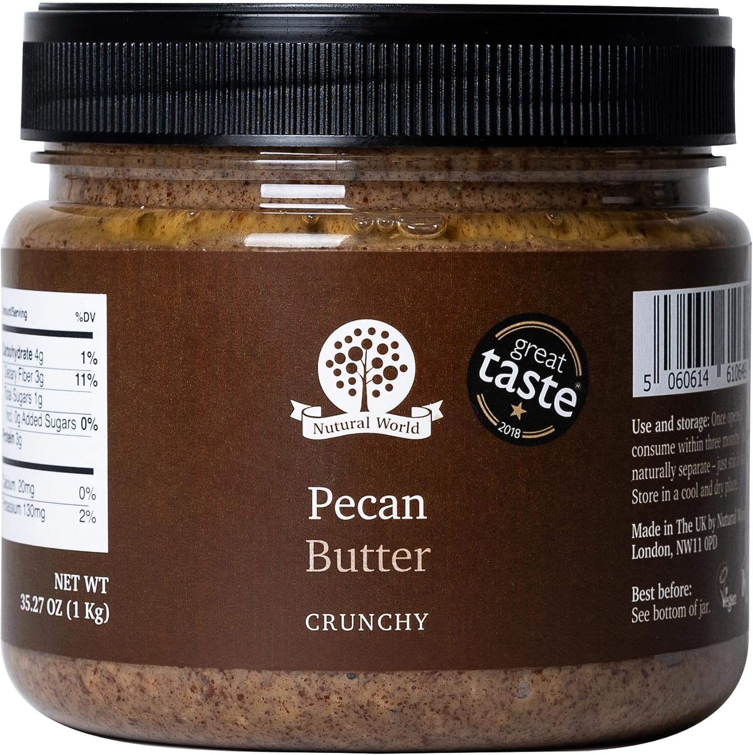 Nutural World - Crunchy Pecan Nut Butter 35 Oz (1kg) Great Taste Award winner - Pure 100% single ingredient