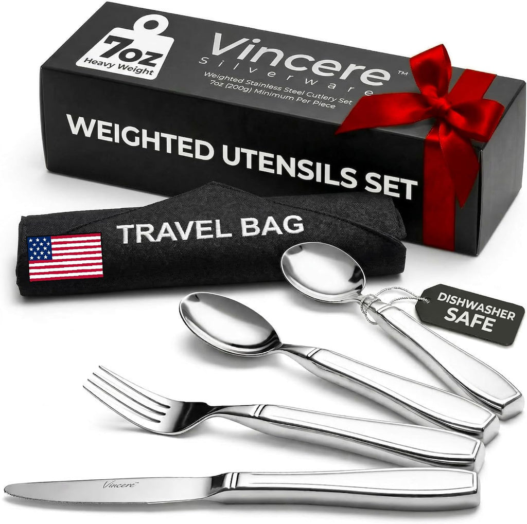 Weighted Utensils for Tremors and Parkinsons, Heavy Weight Stainless Steel Silverware Set, Adaptive Eating Flatware Helps Hand Tremors, Parkinsons Aids for Living, Arthritis - Knife, Fork, Spoons, 7oz